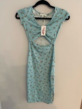 Light Blue Floral Cutout Ribbed Midi Dress